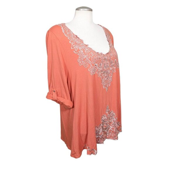 Vintage 80s Womens Tunic Top Large Boho Floral Embroidered Orange Roll Tab - Picture 3 of 8